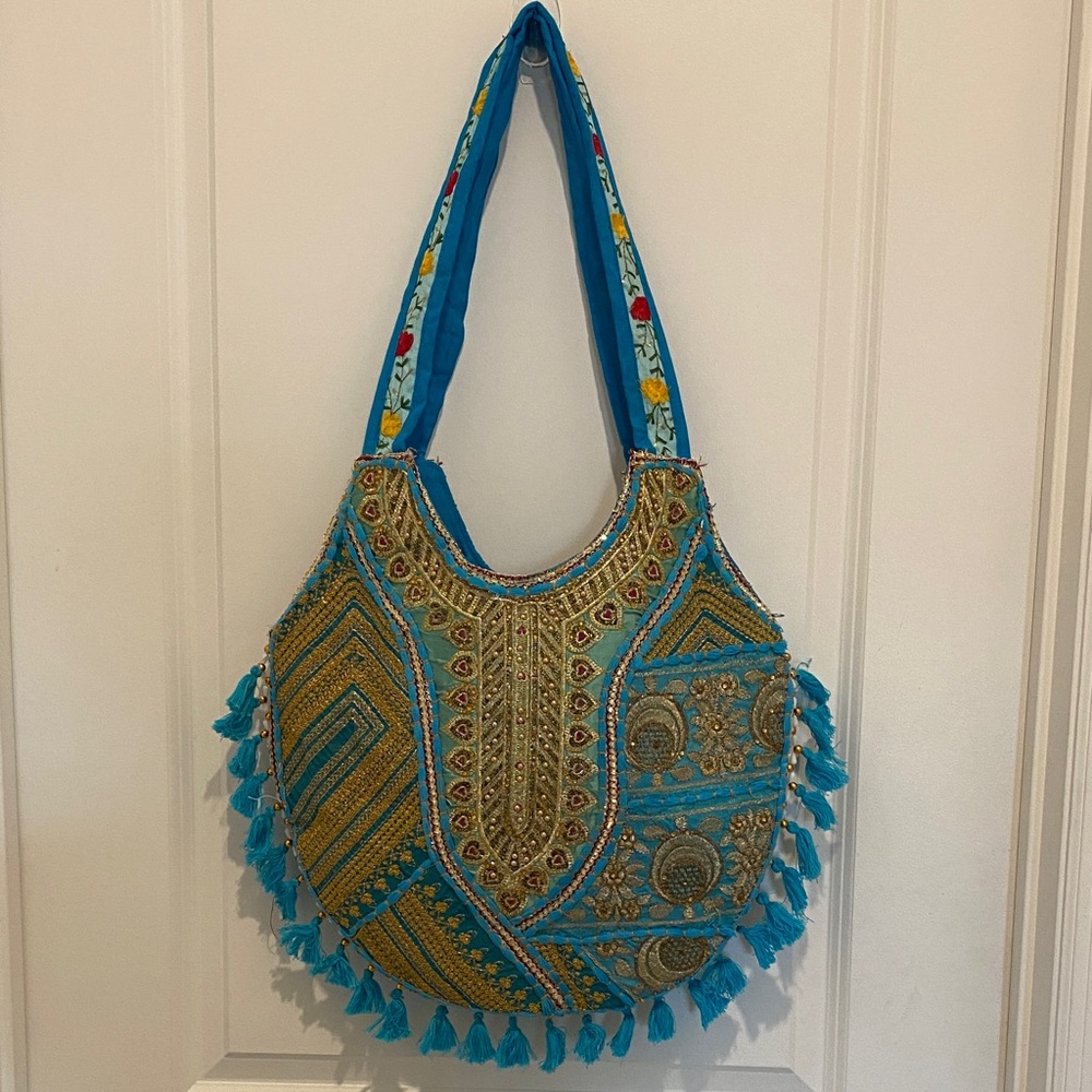Turquoise & Gold Embroidered Women’s Shoulder Bag